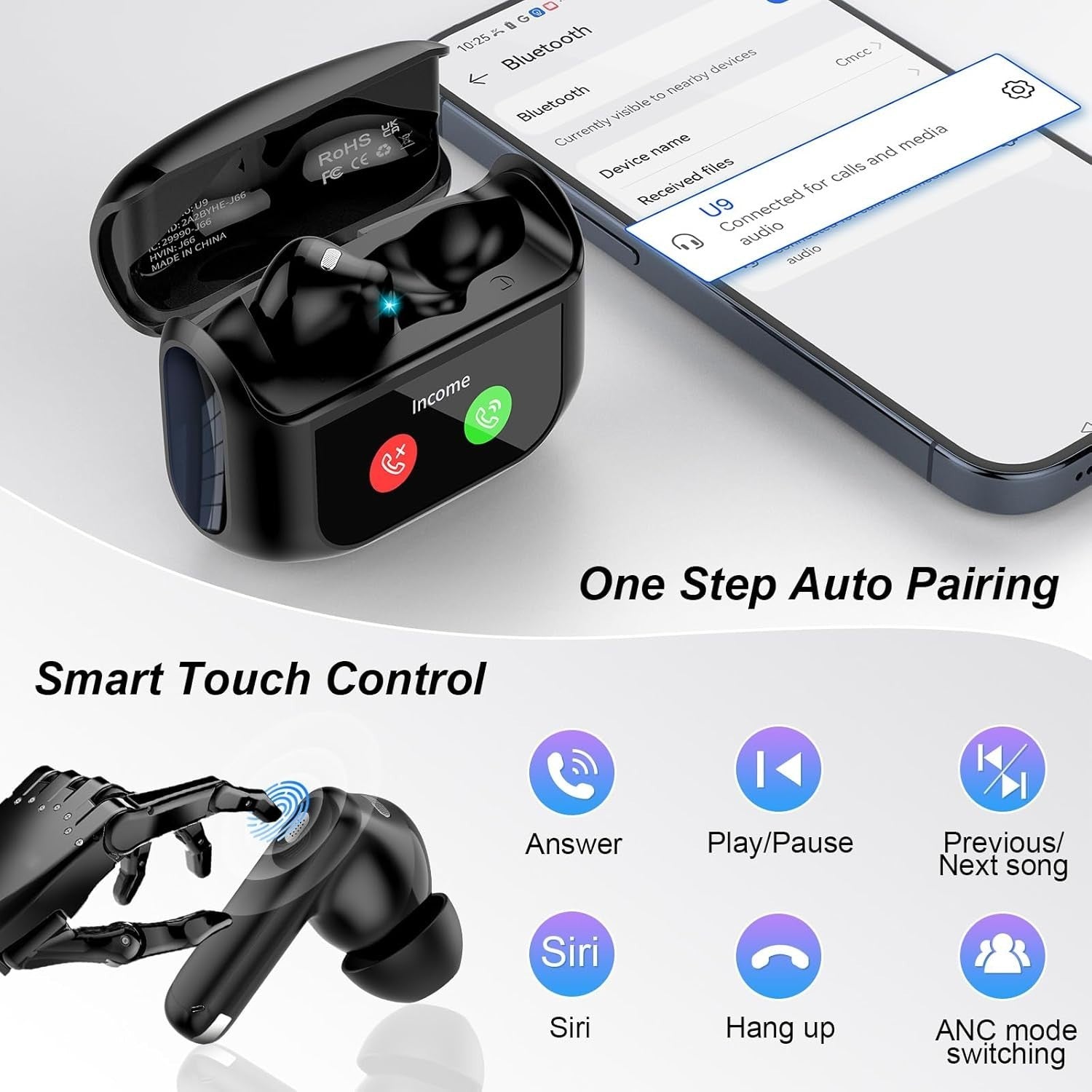 Wireless Earbuds Bluetooth 5.4 ANC Noise Cancelling Earphones HD Mic 40H Black