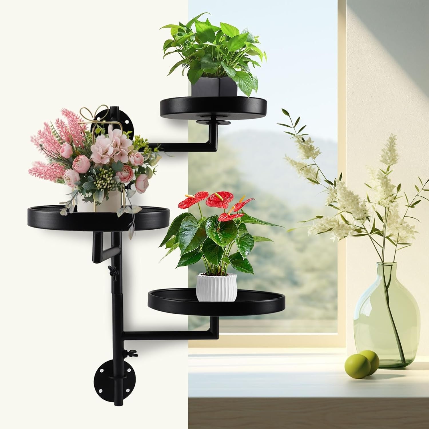 3 Tier Rotating Wall Mounted Metal Plant Stand Indoor Window Flower Shelf