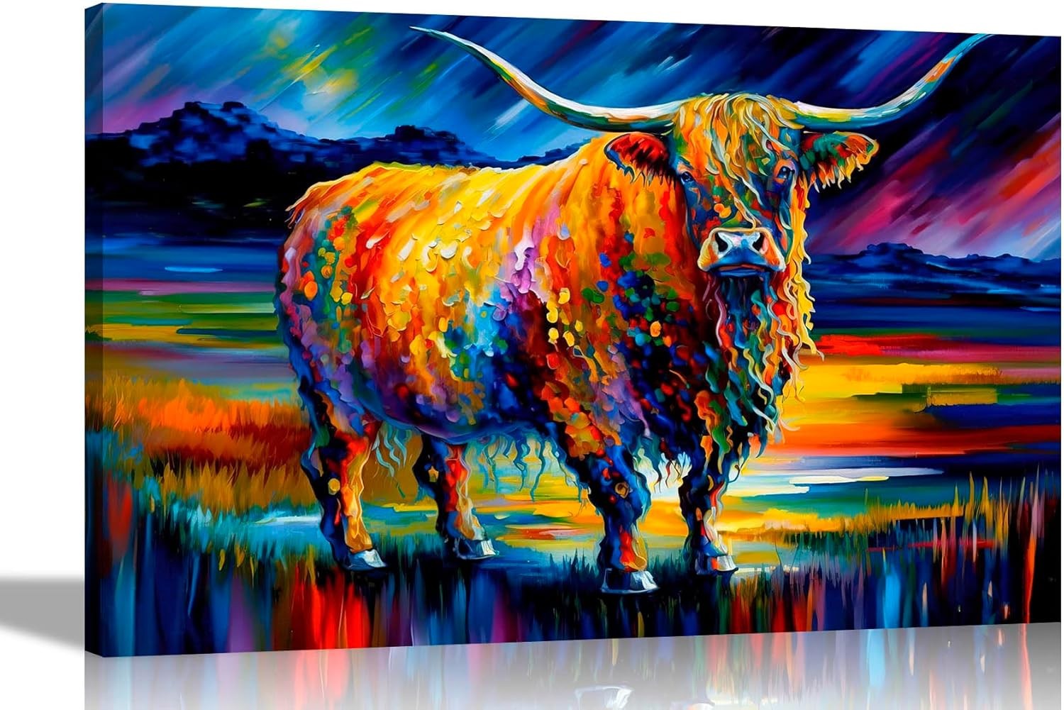 Large Highland Cow Canvas Wall Art Colourful Abstract Farm Animal Print 101x76cm