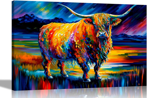 Large Highland Cow Canvas Wall Art Colourful Abstract Farm Animal Print 101x76cm