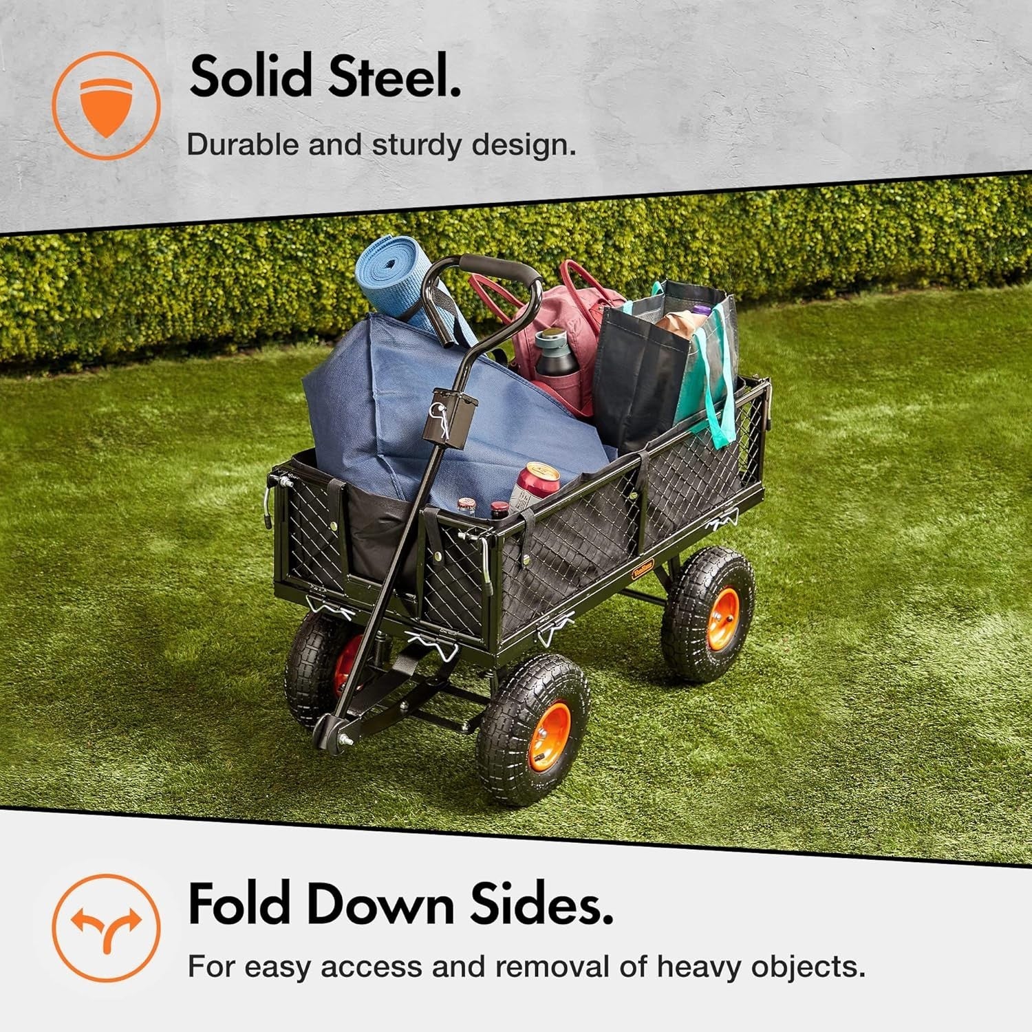 Heavy Duty Garden Cart Utility Wagon 350kg Load Steel Frame Mesh Sides Trolley