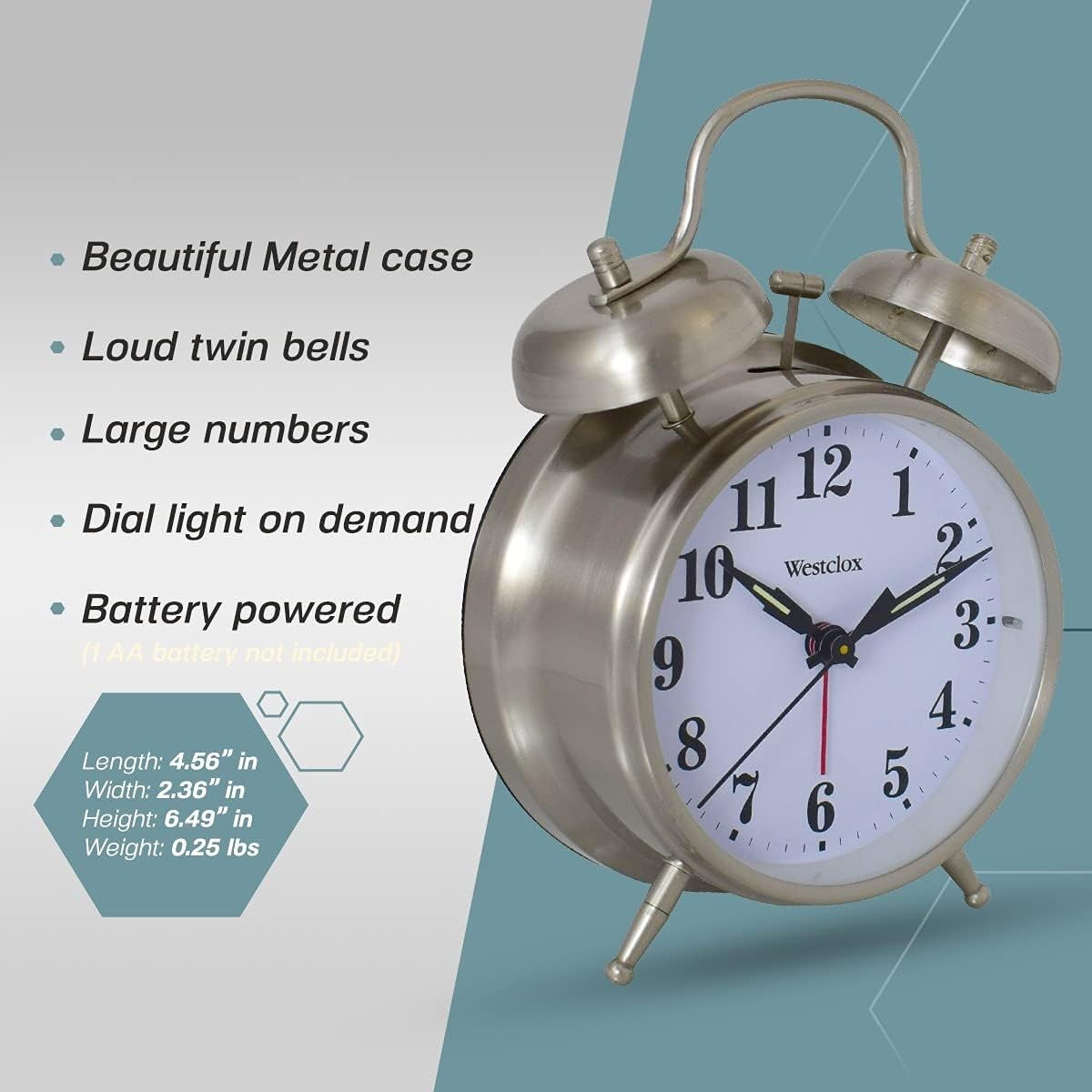 Twin Bell Alarm Clock Loud for Heavy Sleepers Metal Backlight Silver