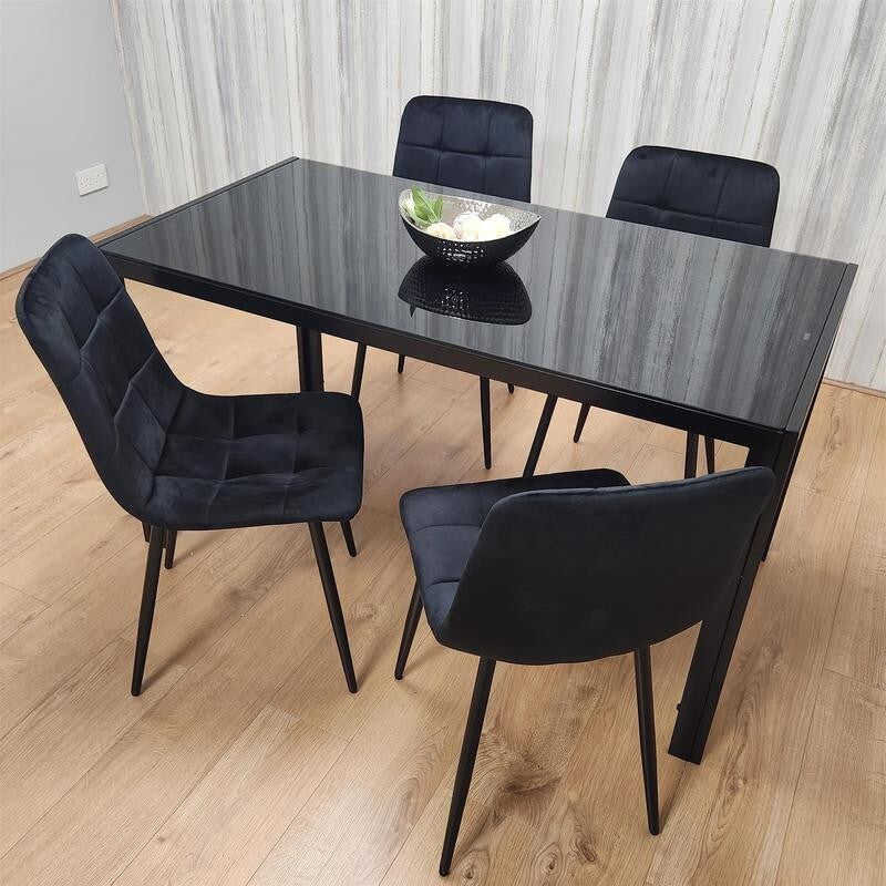 Black Glass Dining Table Set with 4 Chairs Modern Kitchen Dining Room