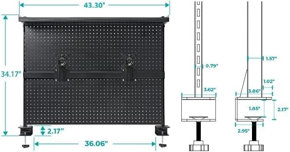 Clamp-On Desk Pegboard w/ Dual Monitor Stand RGB Steel Organizer Black