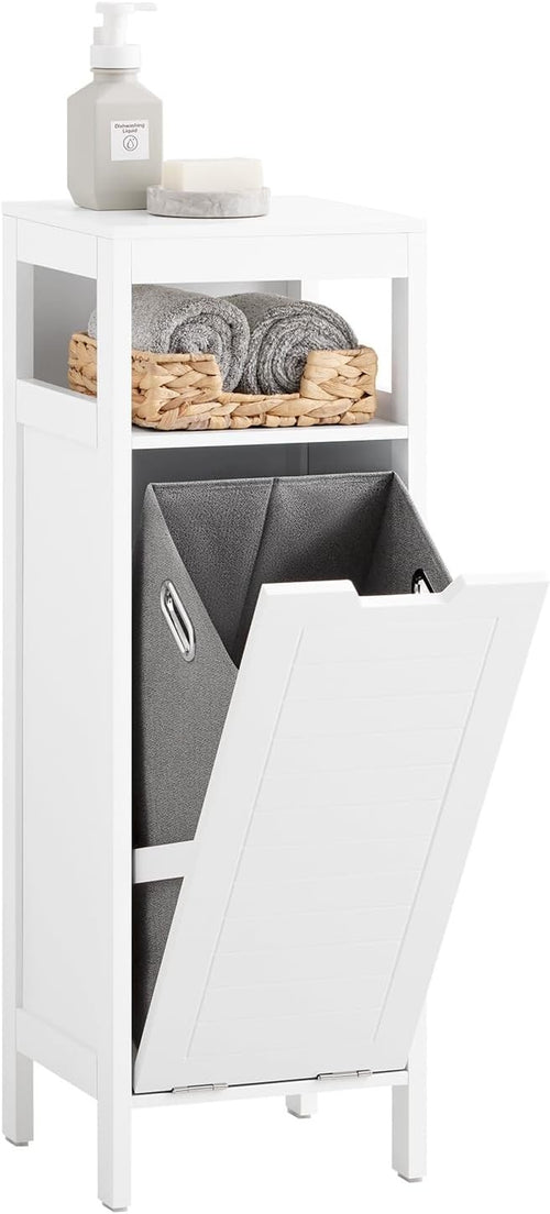 Slim Bathroom Laundry Cabinet 90cm Tall with Flip-Out Hamper & Storage Shelf