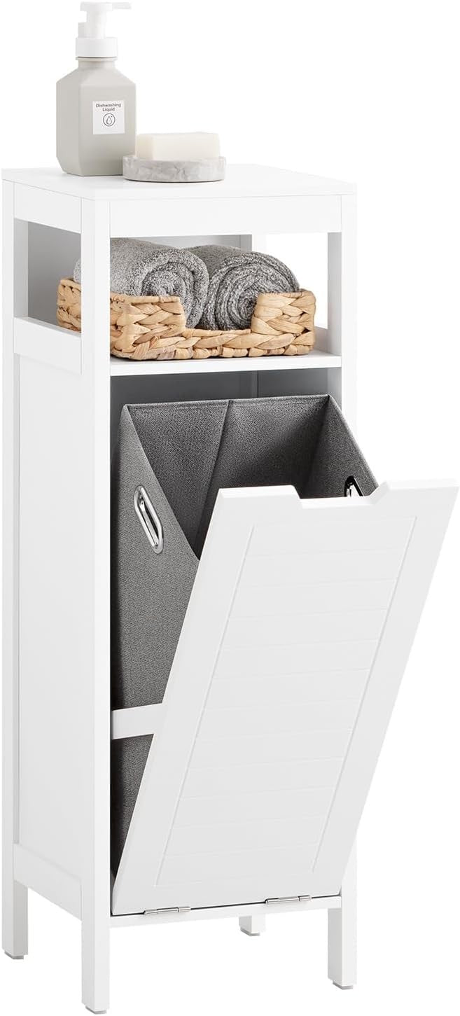 Slim Bathroom Laundry Cabinet 90cm Tall with Flip-Out Hamper & Storage Shelf