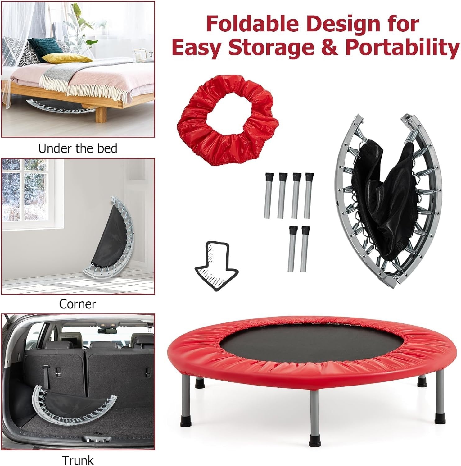 38'' Mini Trampoline Foldable Fitness Rebounder Indoor Outdoor Red