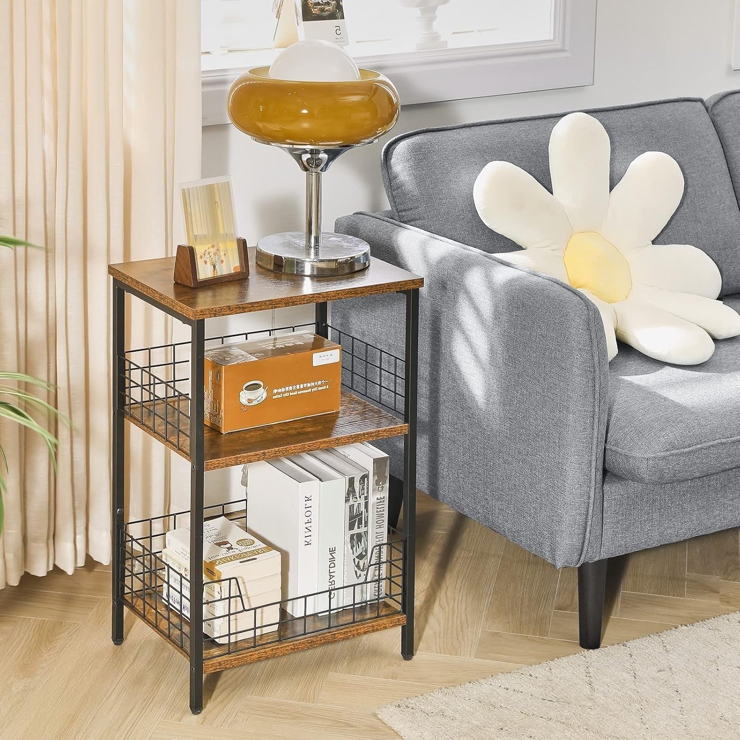 3-Tier Industrial Side Table with Storage Rack | Compact Rustic Brown 40x29x62cm