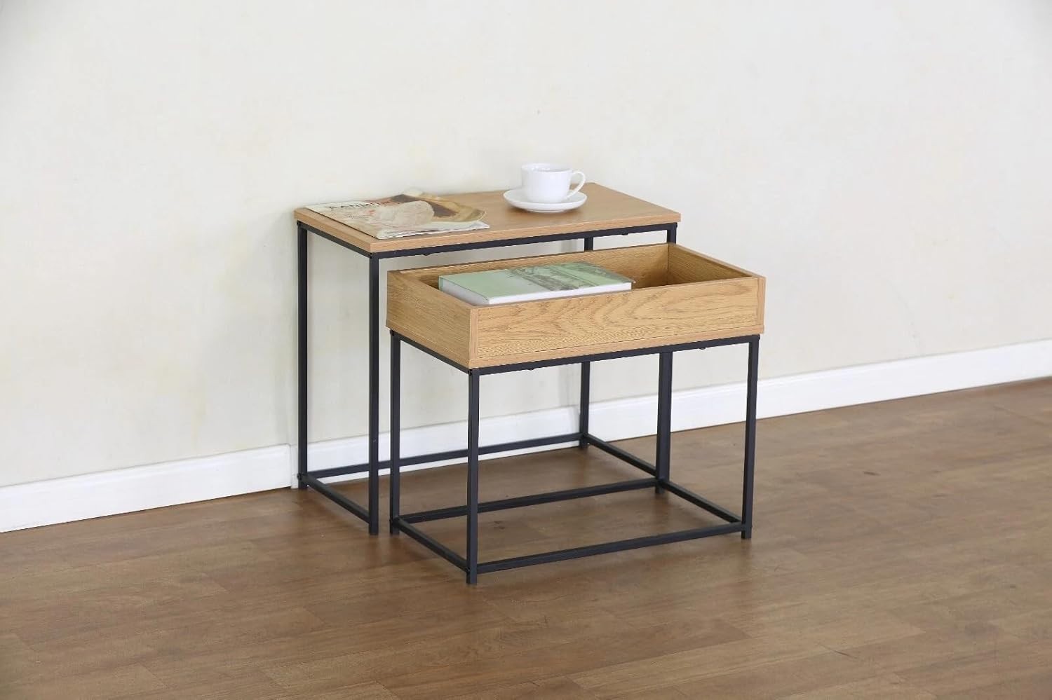 2 Nesting Side Tables Coffee Bedside Modern Steel Frame Melamine Top Black/Oak