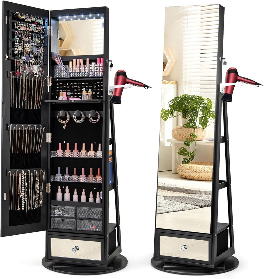 Rotating Jewelry Armoire LED Full Length Mirror Lockable Makeup Cabinet