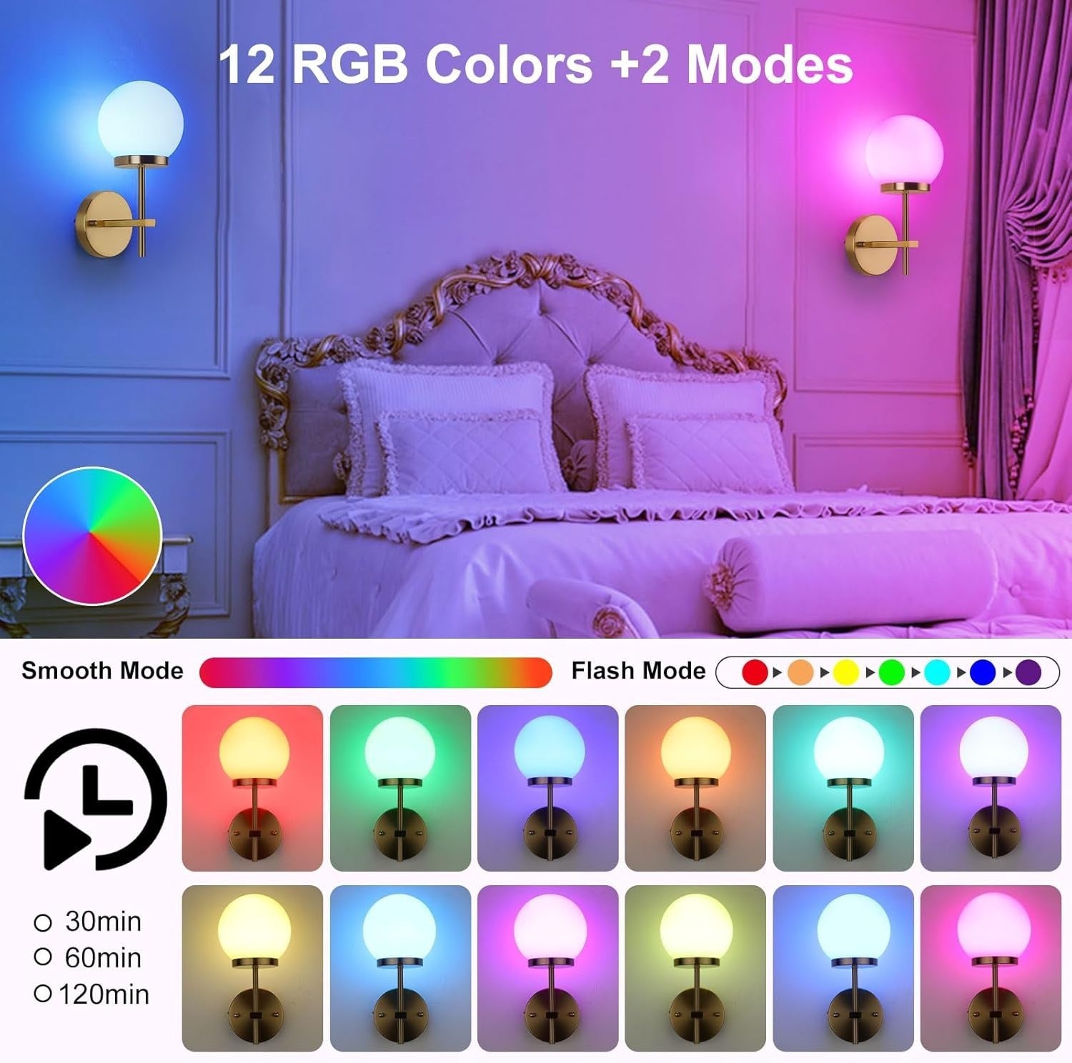 Modern Wireless Wall Sconces Set 2 Dimmable Glass RGB LED Lights Remote