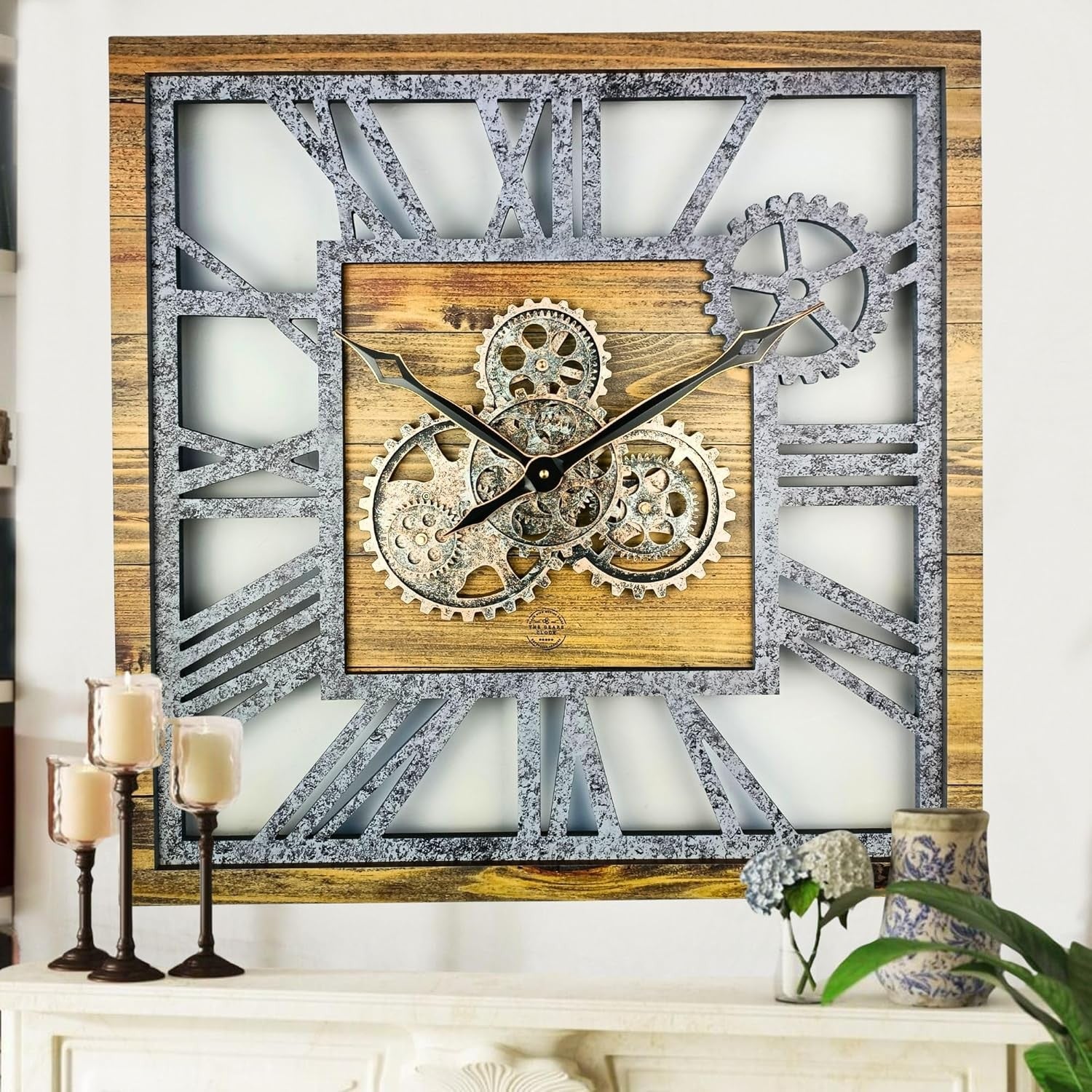 Oversized 24" Gear Wall Clock Square Wood & Stone Rustic Industrial Decor