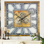 Oversized 24" Gear Wall Clock Square Wood & Stone Rustic Industrial Decor