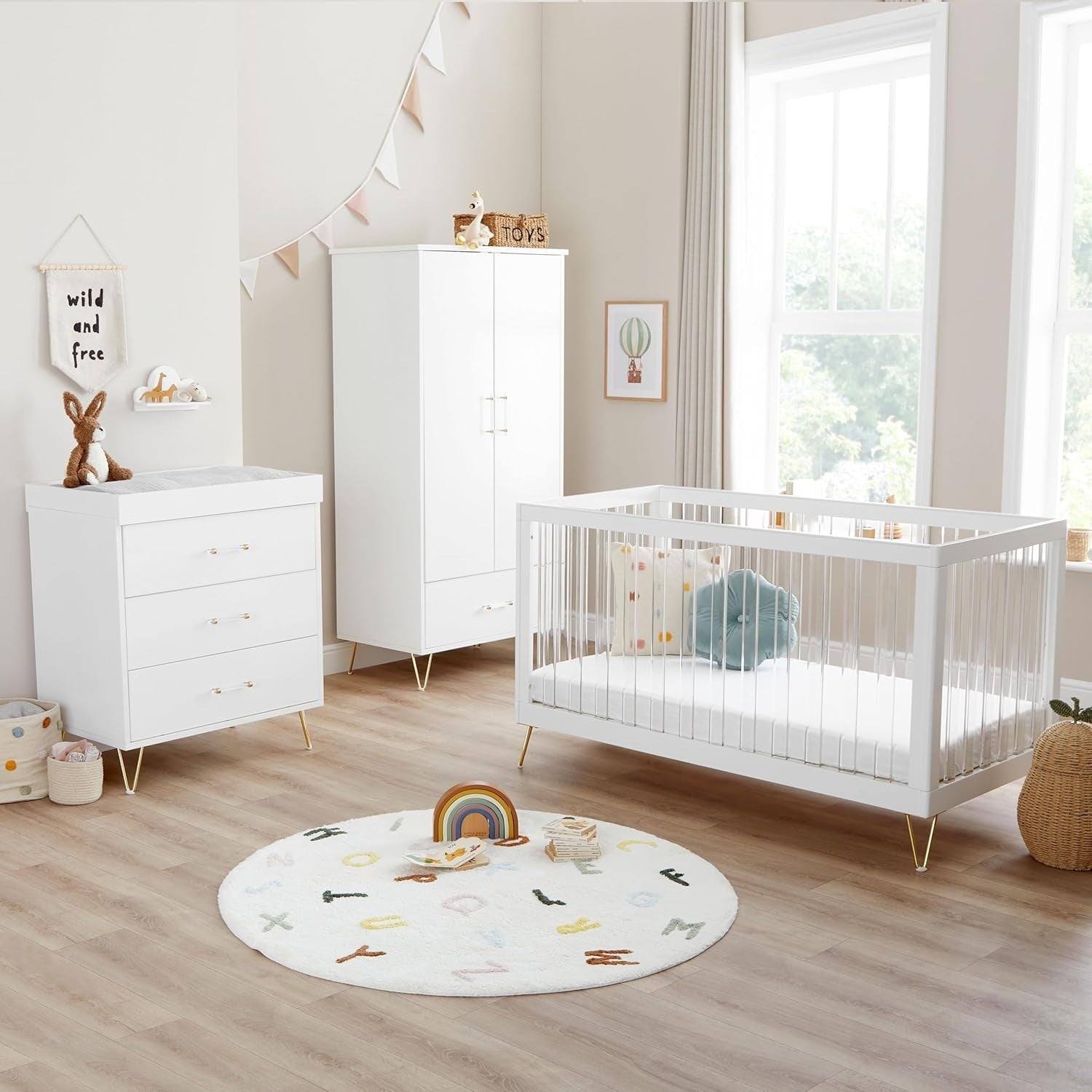 3pc Acrylic Nursery Furniture Room Set Cot Bed Chest Drawers Adjustable Modern