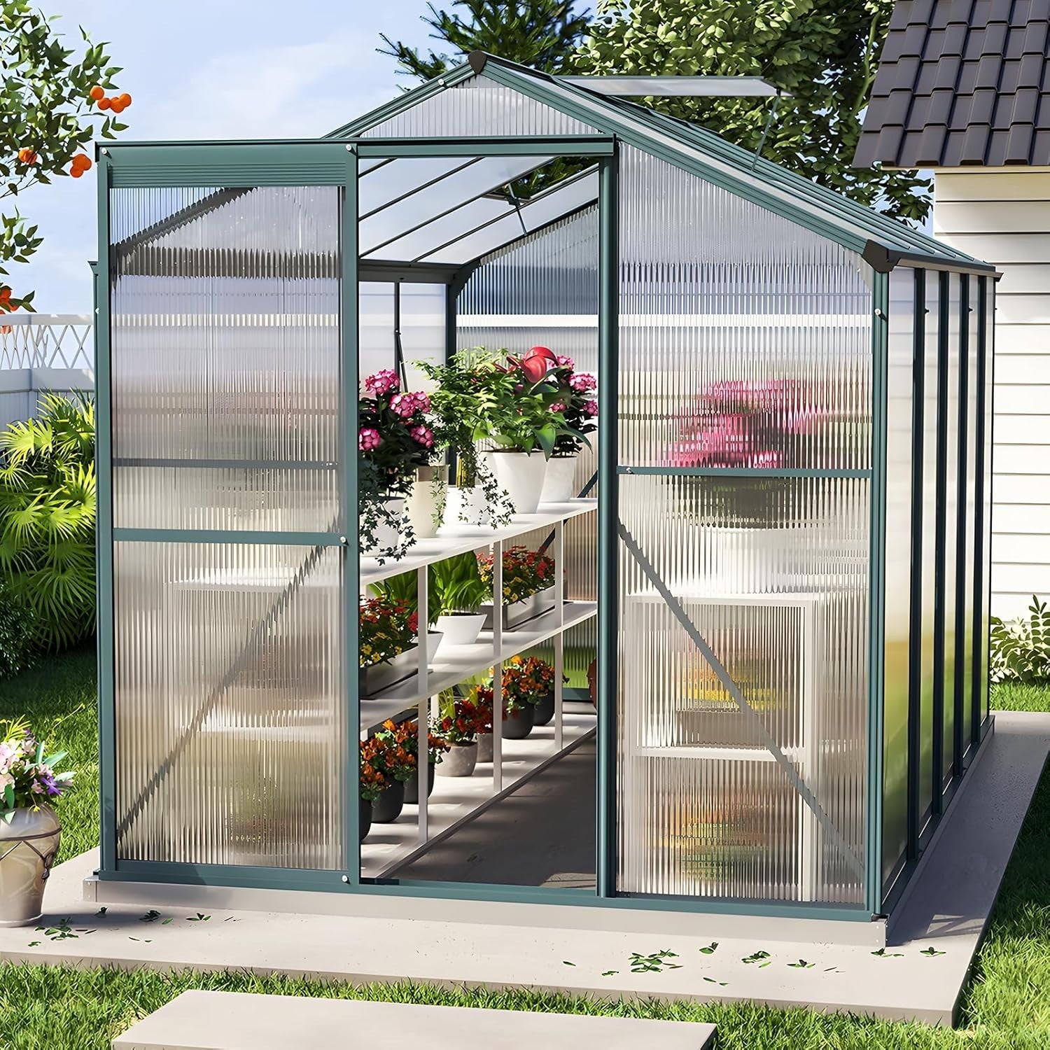8x6FT Walk-In Polycarbonate Greenhouse with Base – Aluminium Frame, UV Resistant