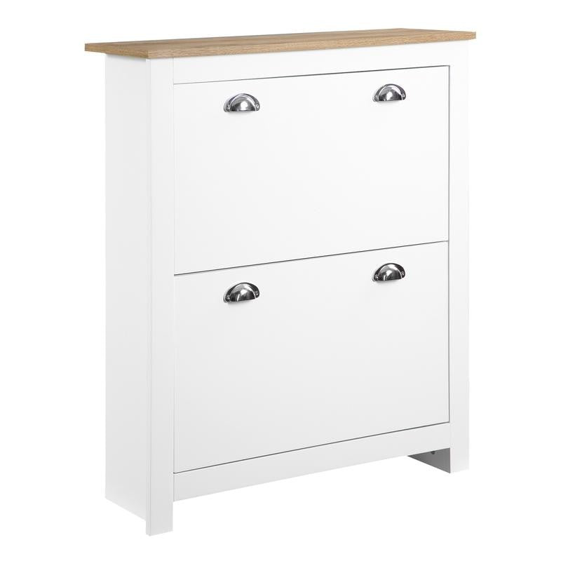 Modern White 2 Drawer Slim Shoe Cabinet with Adjustable Shelves MDF Unit