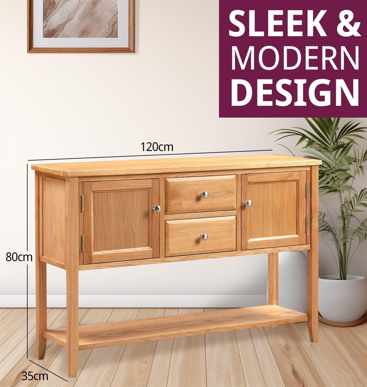 Large Solid Oak Console Table with Storage Drawers & Shelf, Durable