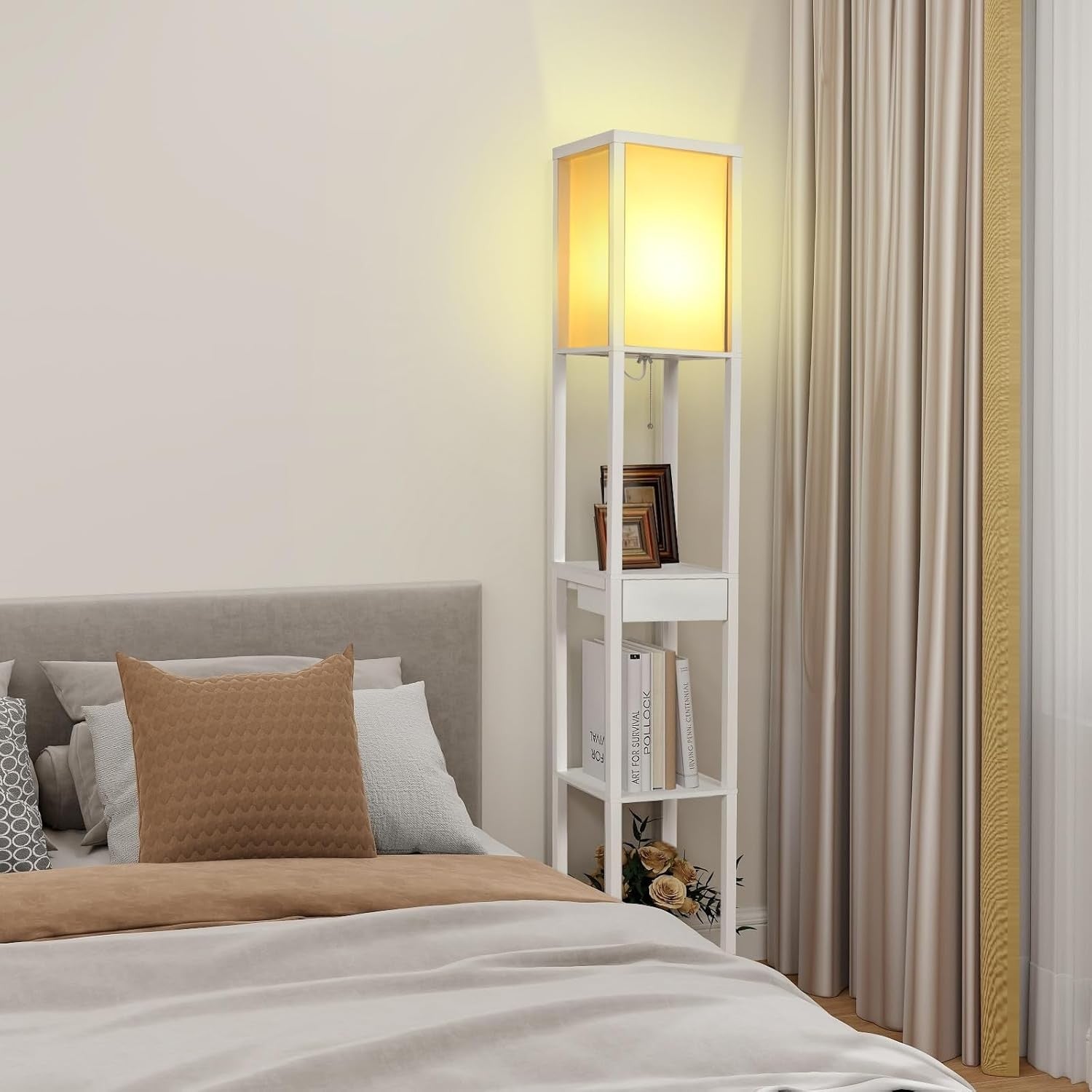 Floor Lamp with Shelves Storage LED Light USB Charging Drawer Modern White