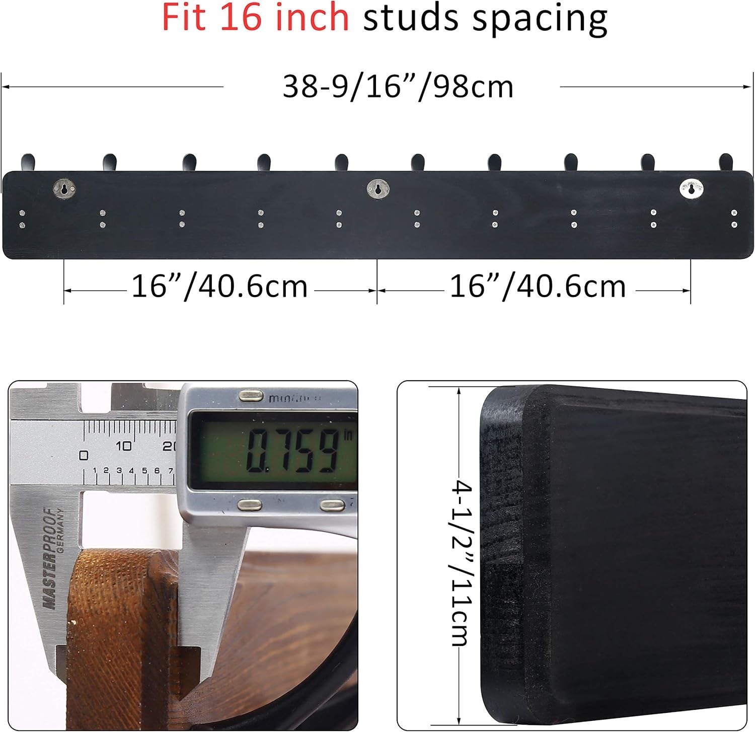 Wall Mounted Coat Rack 10 Hooks | Rustic Black Wood Hallway Hanger