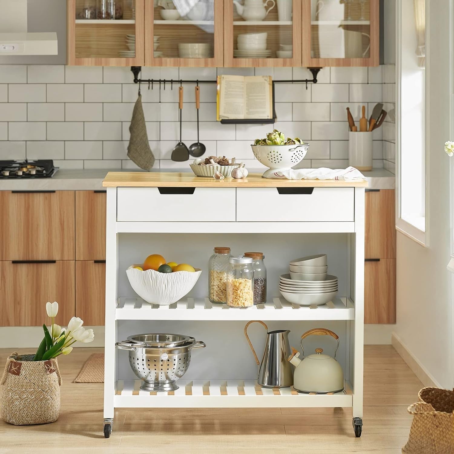 Rolling Kitchen Island Cart Butchers Block w Drawers Shelves