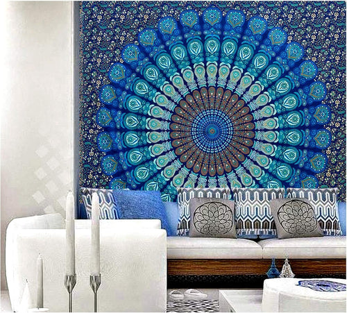 Blue Mandala Tapestry 54x82in Twin Boho Wall Hanging Cotton