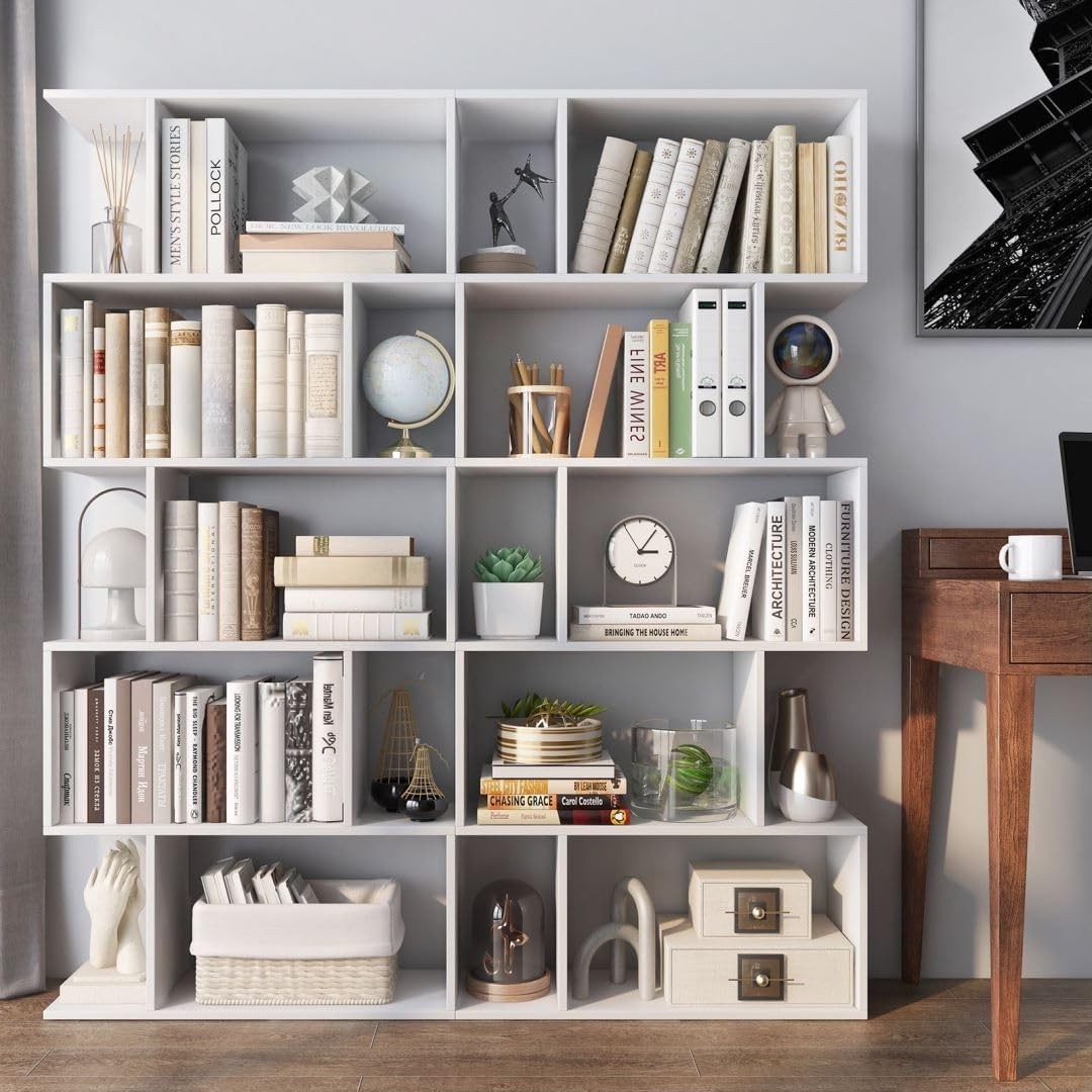 Modern S-Shape 5 Tier Bookshelf White | Freestanding Display Shelving Unit 70×15