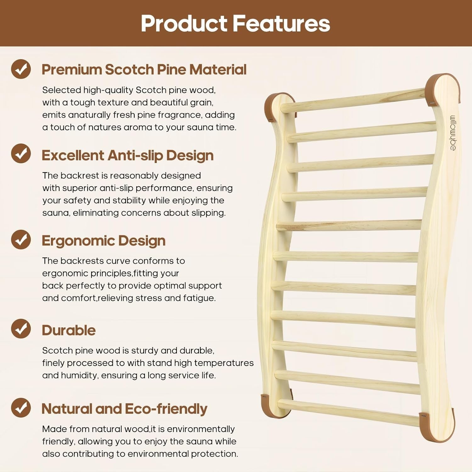 Ergonomic Scotch Pine Wood Sauna Backrest – Non-Slip Pads, Infrared & Steam