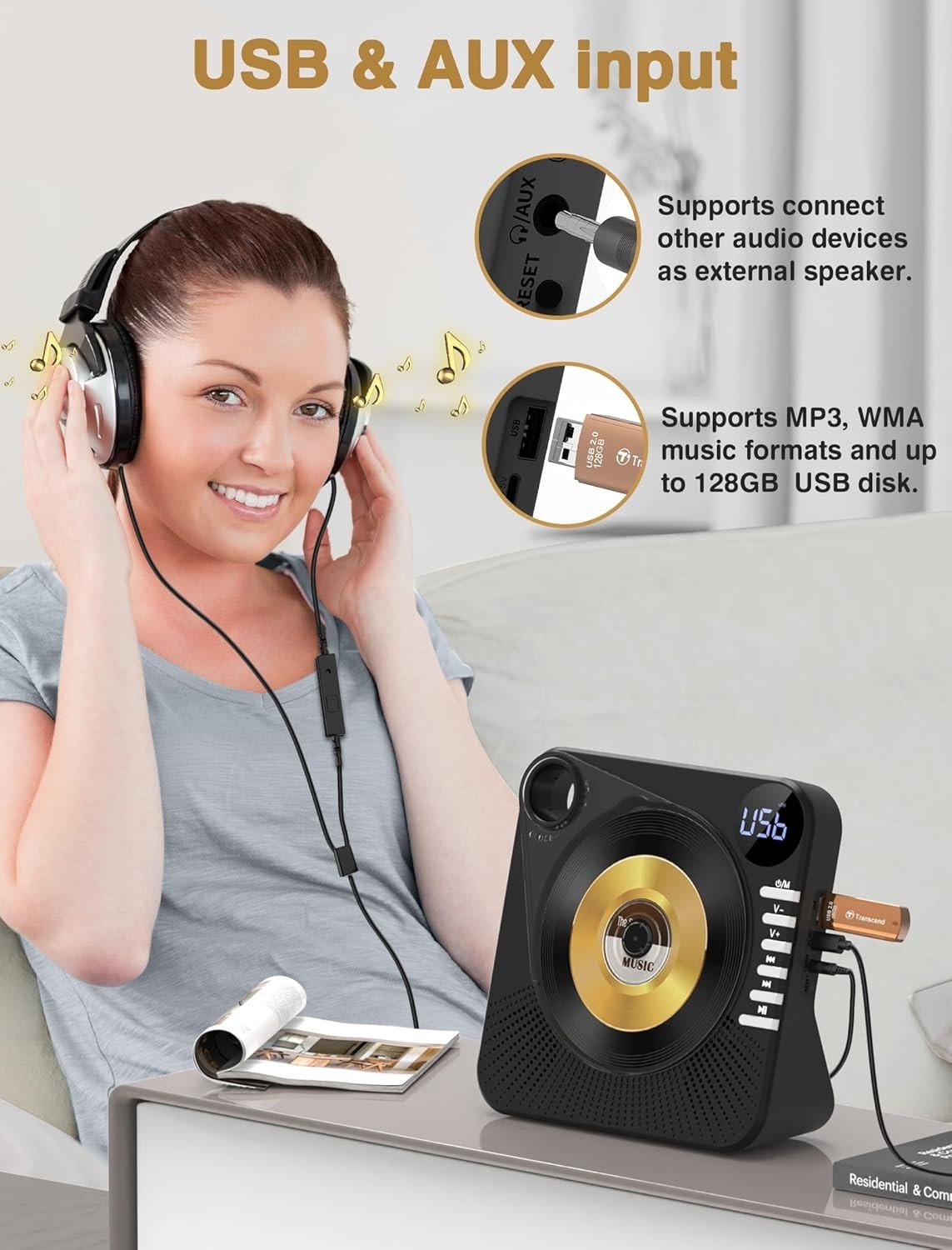 Bluetooth 5.1 CD Player w Speakers LED Display Remote USB AUX Black