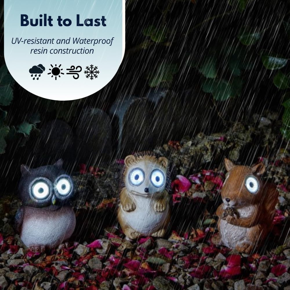 Solar Garden Animal Lights 3-Pack • Owl Hedgehog Squirrel • Outdoor