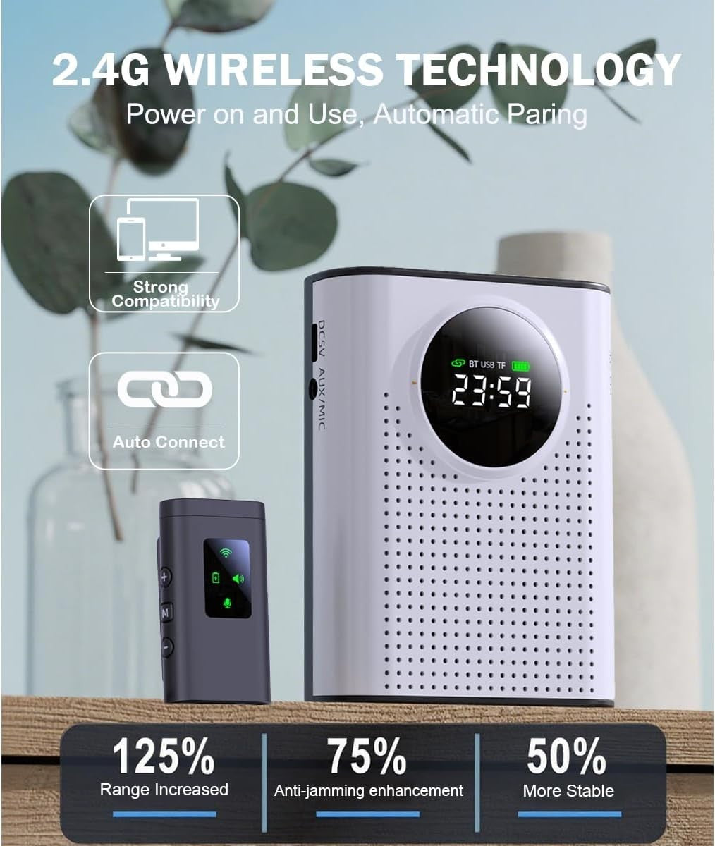 Wireless Voice Amplifier with Lavalier Mic Portable Bluetooth TF USB 2.4G