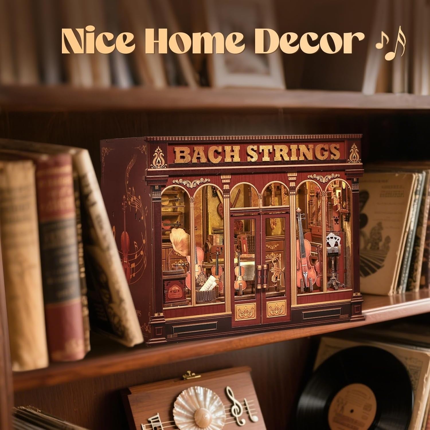 DIY Book Nook Music Room Kit LED Bookshelf Diorama 285 Piece Craft