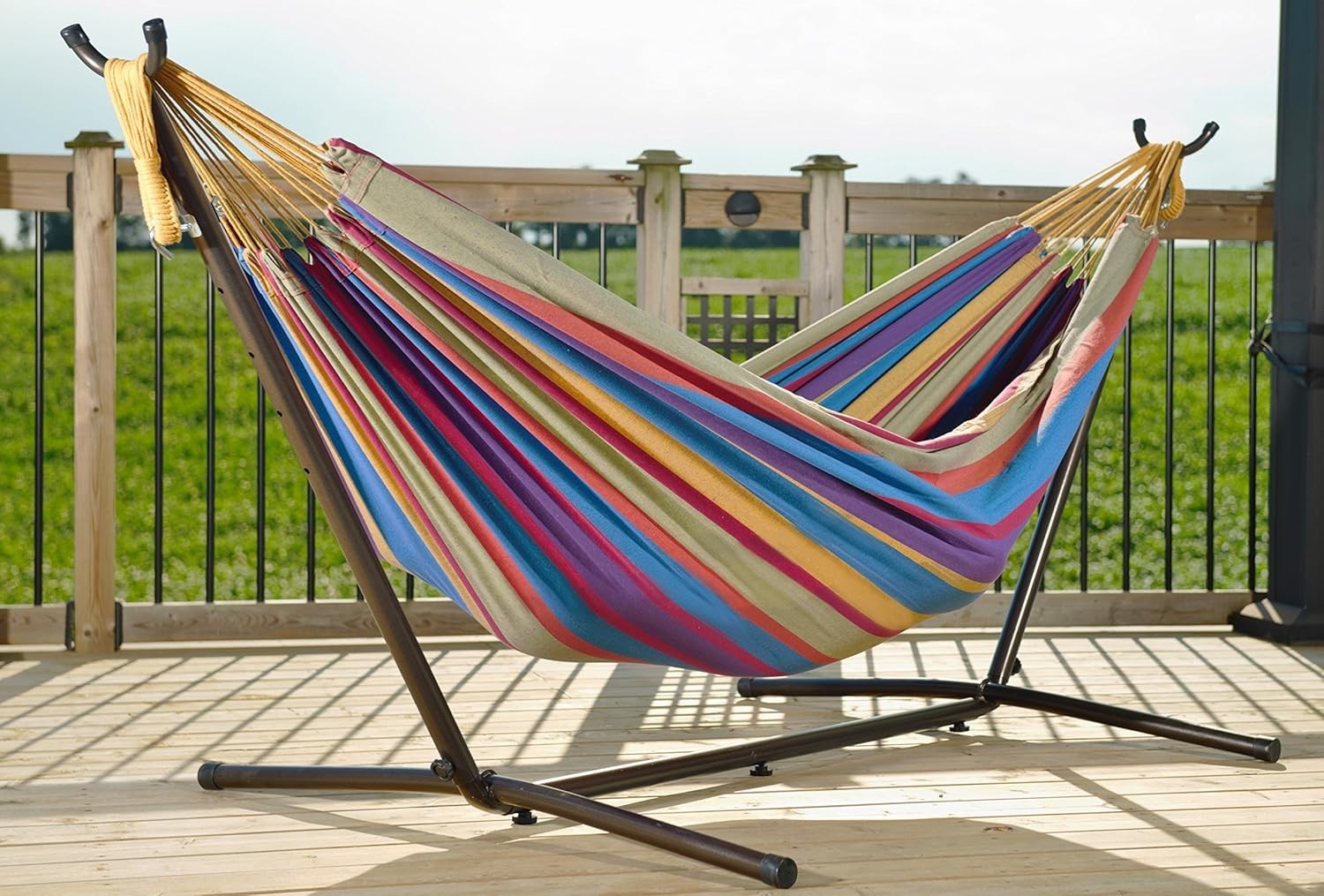 Tropical Double Cotton Hammock with Stand 205kg Capacity Adjustable Indoor