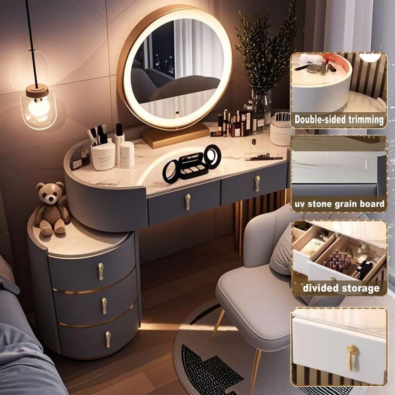 Luxury Vanity Makeup Dressing Table Desk Mirror LED Lights 4 Drawers Grey
