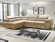 Beige L Shape Sofa Bed with Storage | Water-Resistant Velour Sleeper