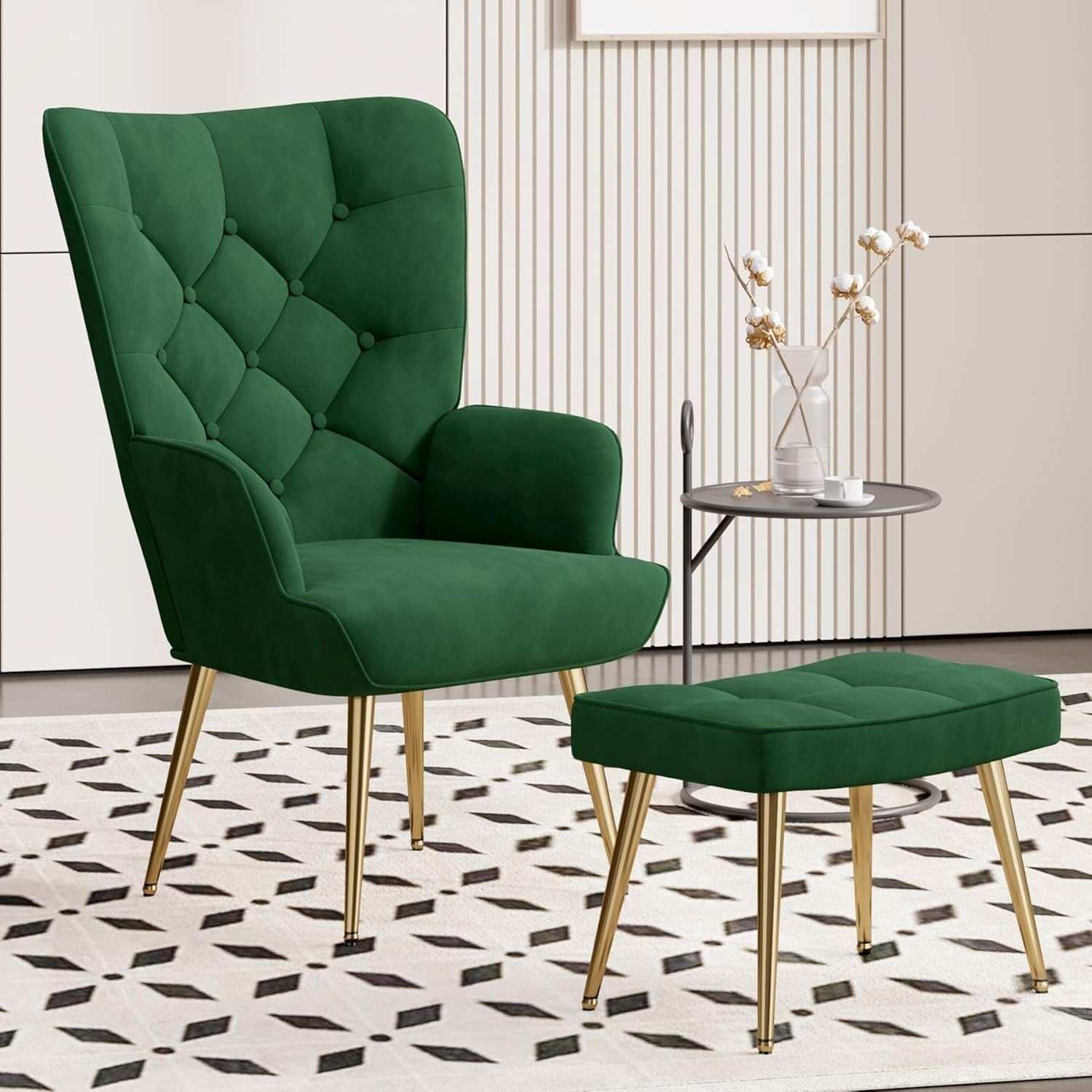 Velvet Wingback Chair & Footstool Set High Back Gold Legs Lounge Green