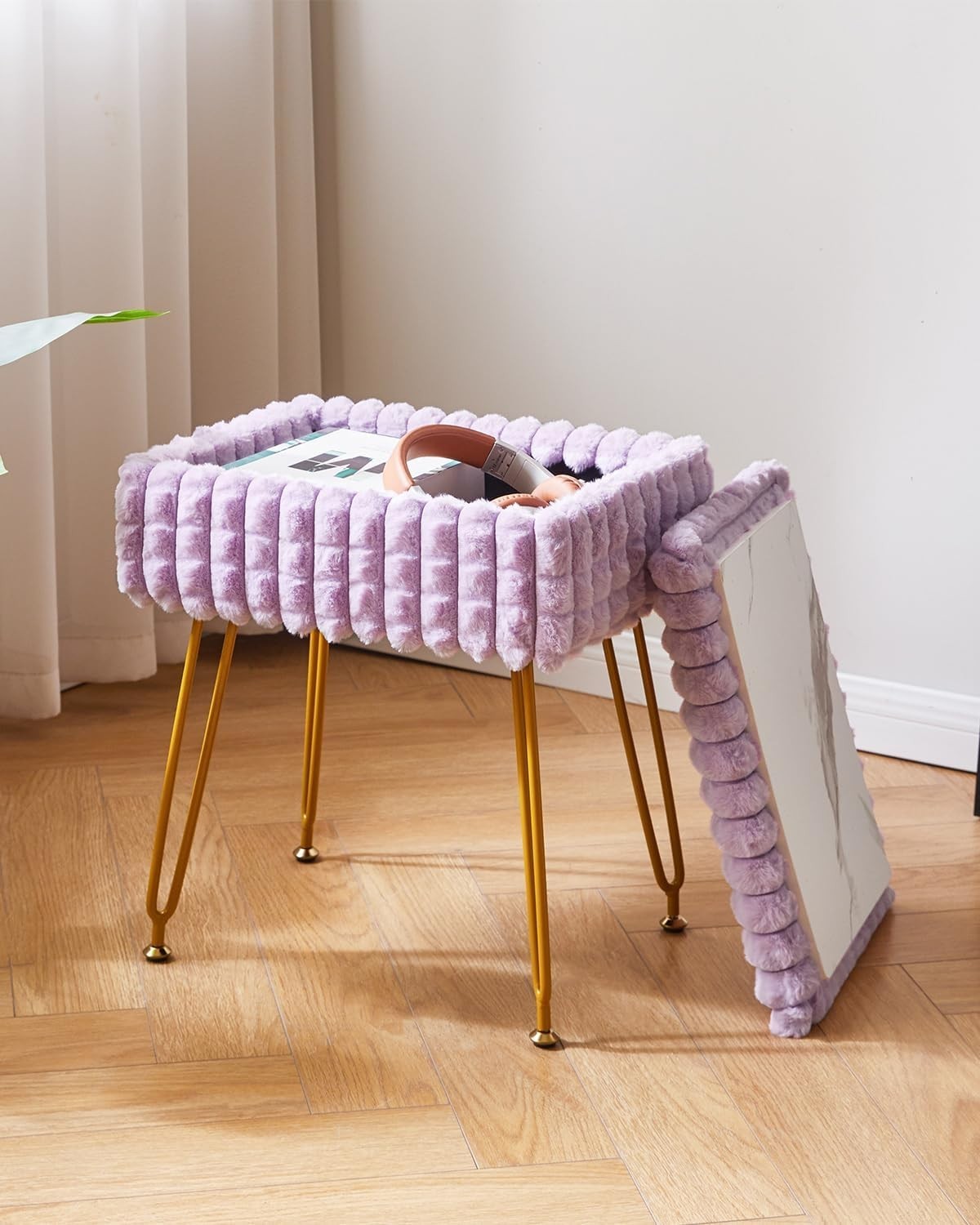 Purple Rectangular Vanity Stool with Storage Padded Makeup Chair with Metal Legs