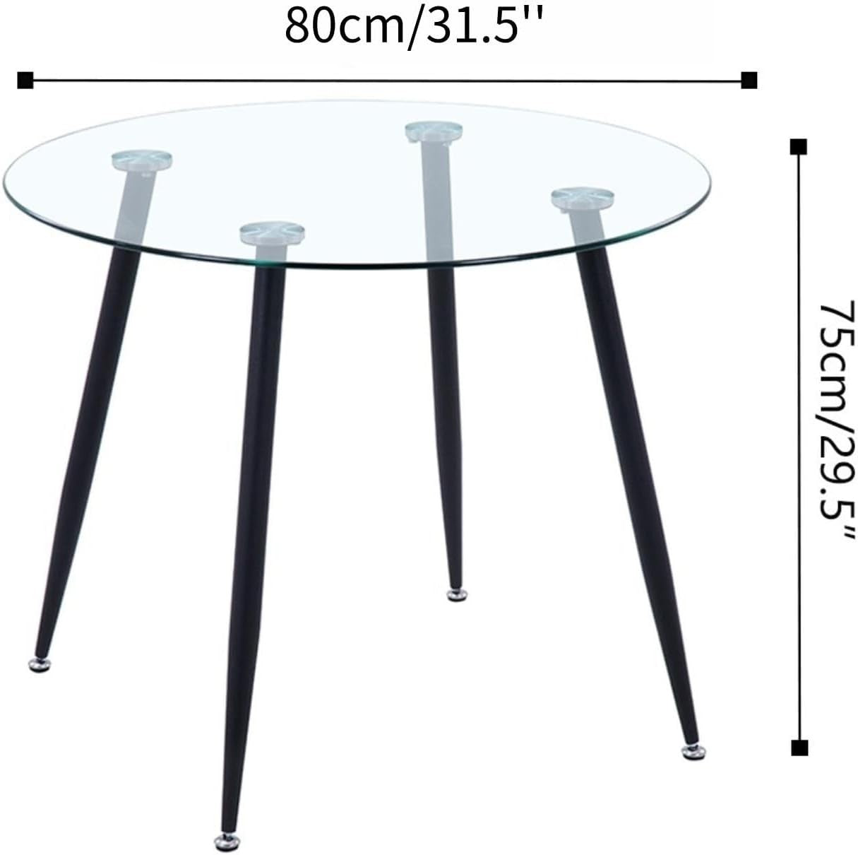 Round Glass Dining Table Black Metal Legs Modern 80cm Kitchen Table