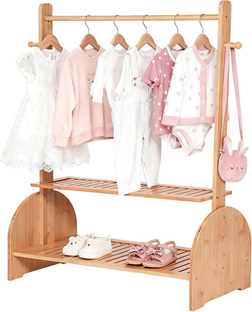 Kids Bamboo Clothing Rack with Adjustable Rods , Free-Standing Wardrobe