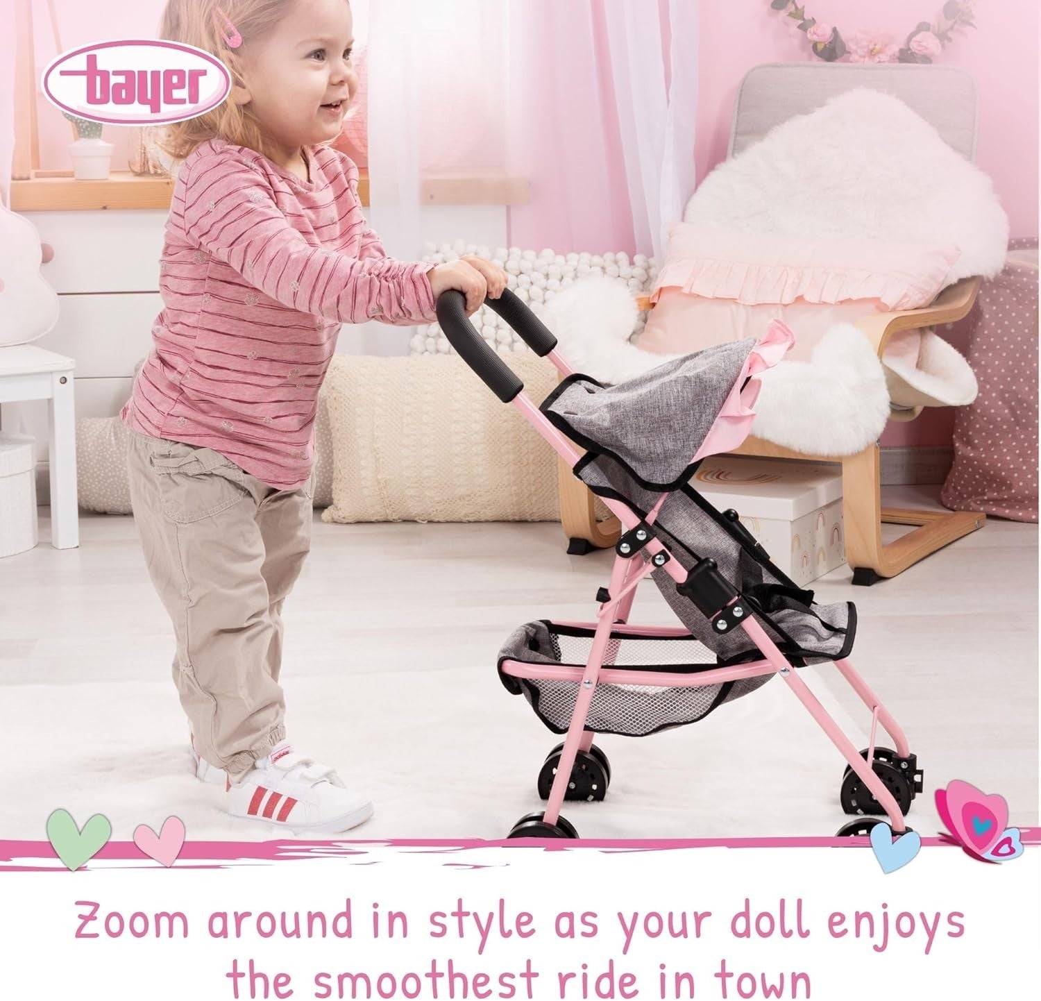 Pink Doll Stroller Pram Set 10pc Pushchair Cot Play Mat Accessories 46cm
