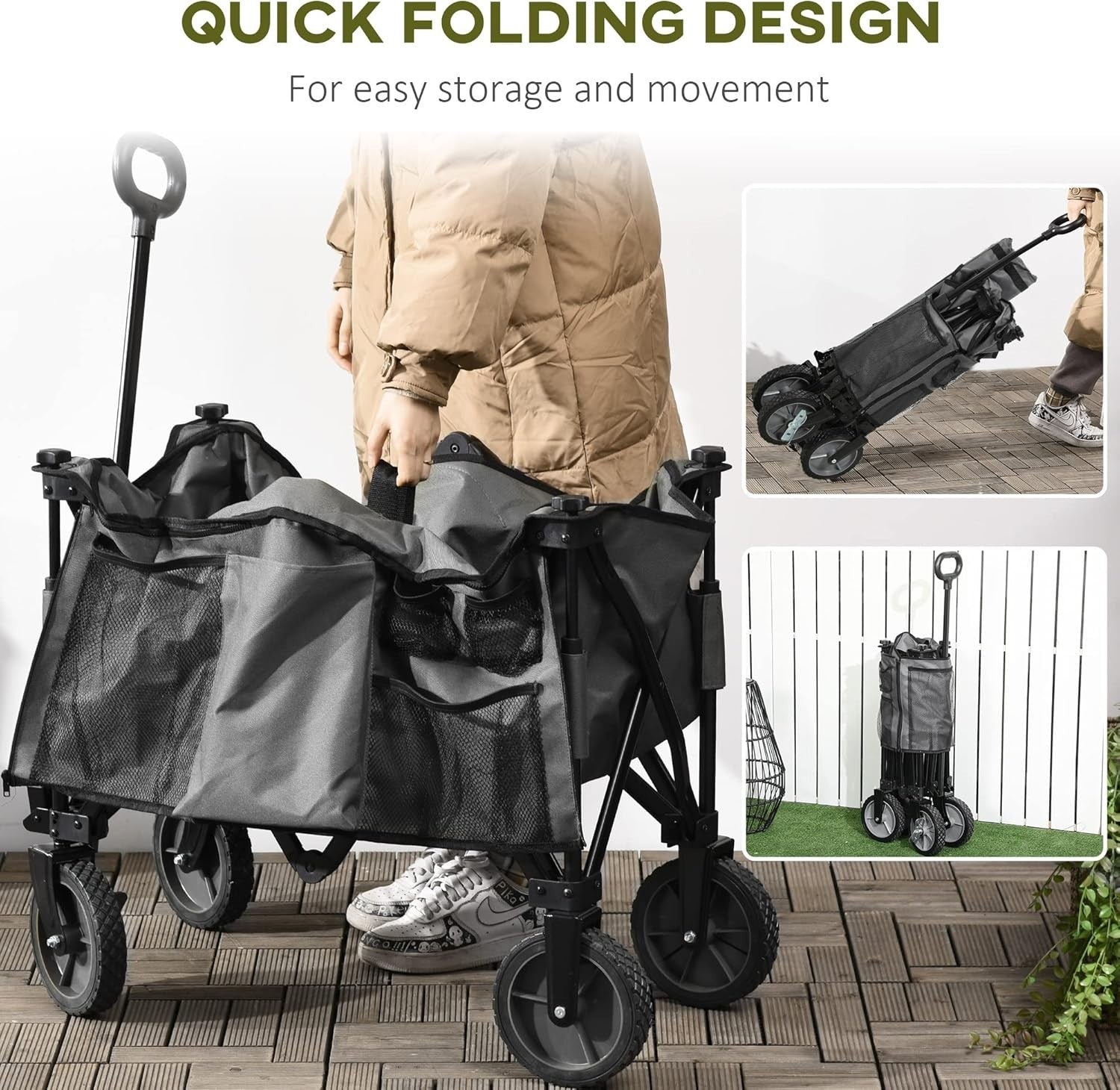 Dark Grey Folding Garden Trolley 100kg Heavy Duty Wagon w/ Cover & Pockets