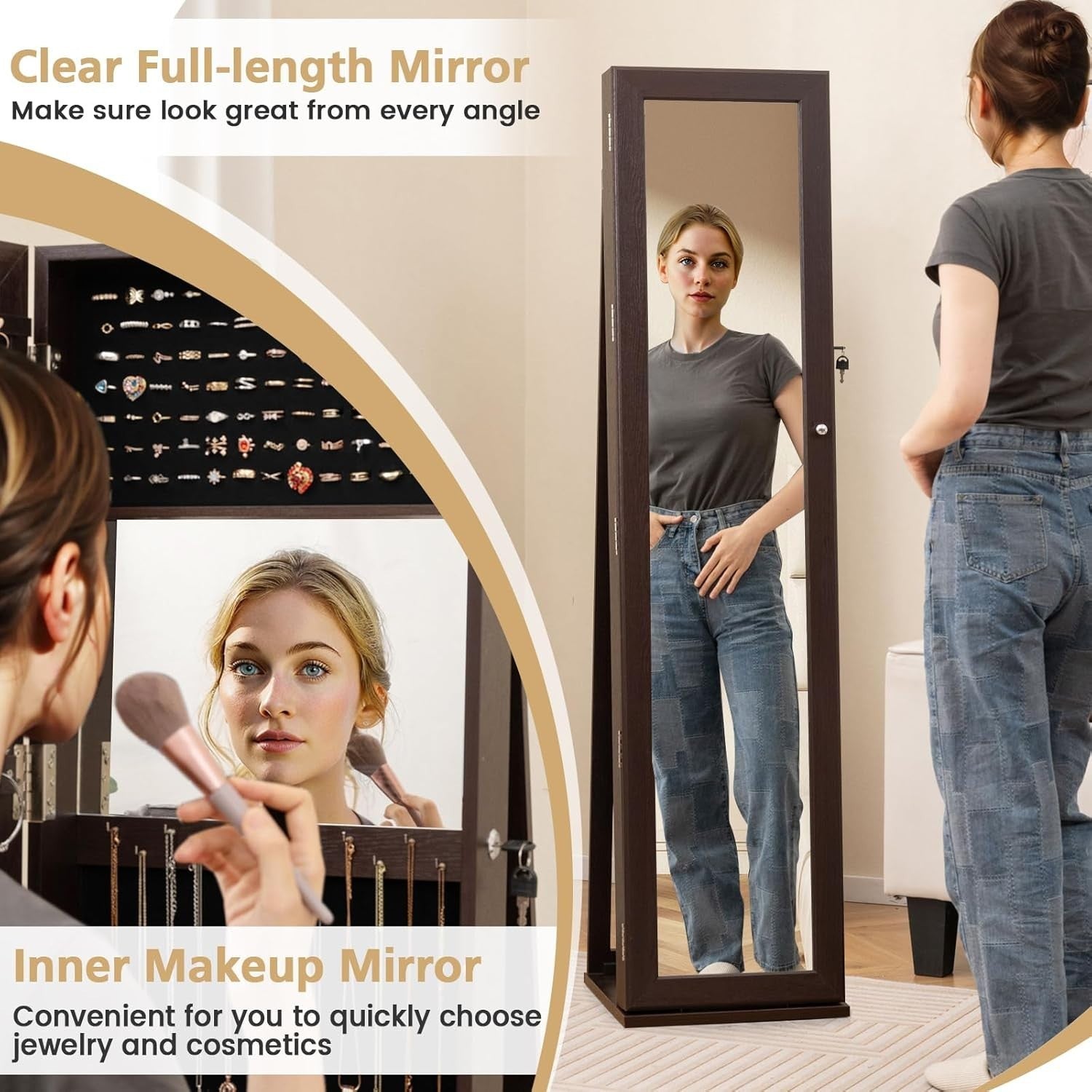 Espresso Jewelry Cabinet Mirror Lockable 3-in-1 Freestanding Storage