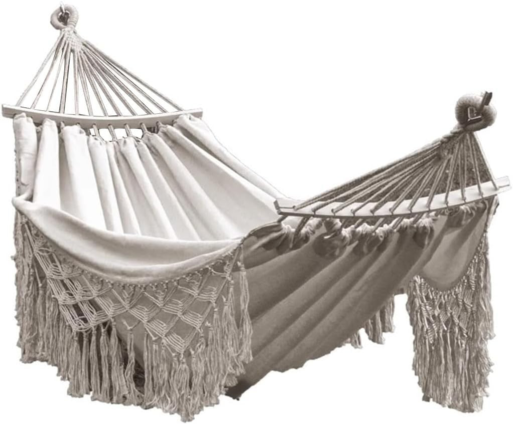 2-Person Double Canvas Hammock with Tassels, Anti-Rollover Wooden Poles