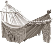 2-Person Double Canvas Hammock with Tassels, Anti-Rollover Wooden Poles