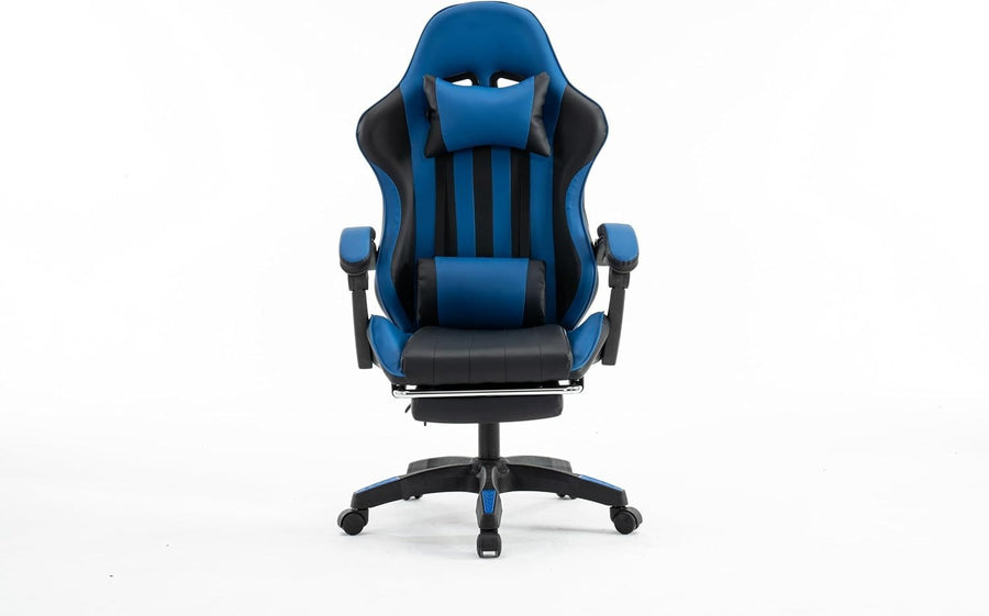 Gaming Chair Blue Faux Leather Office Desk Swivel Adjustable Height Armrest Foot