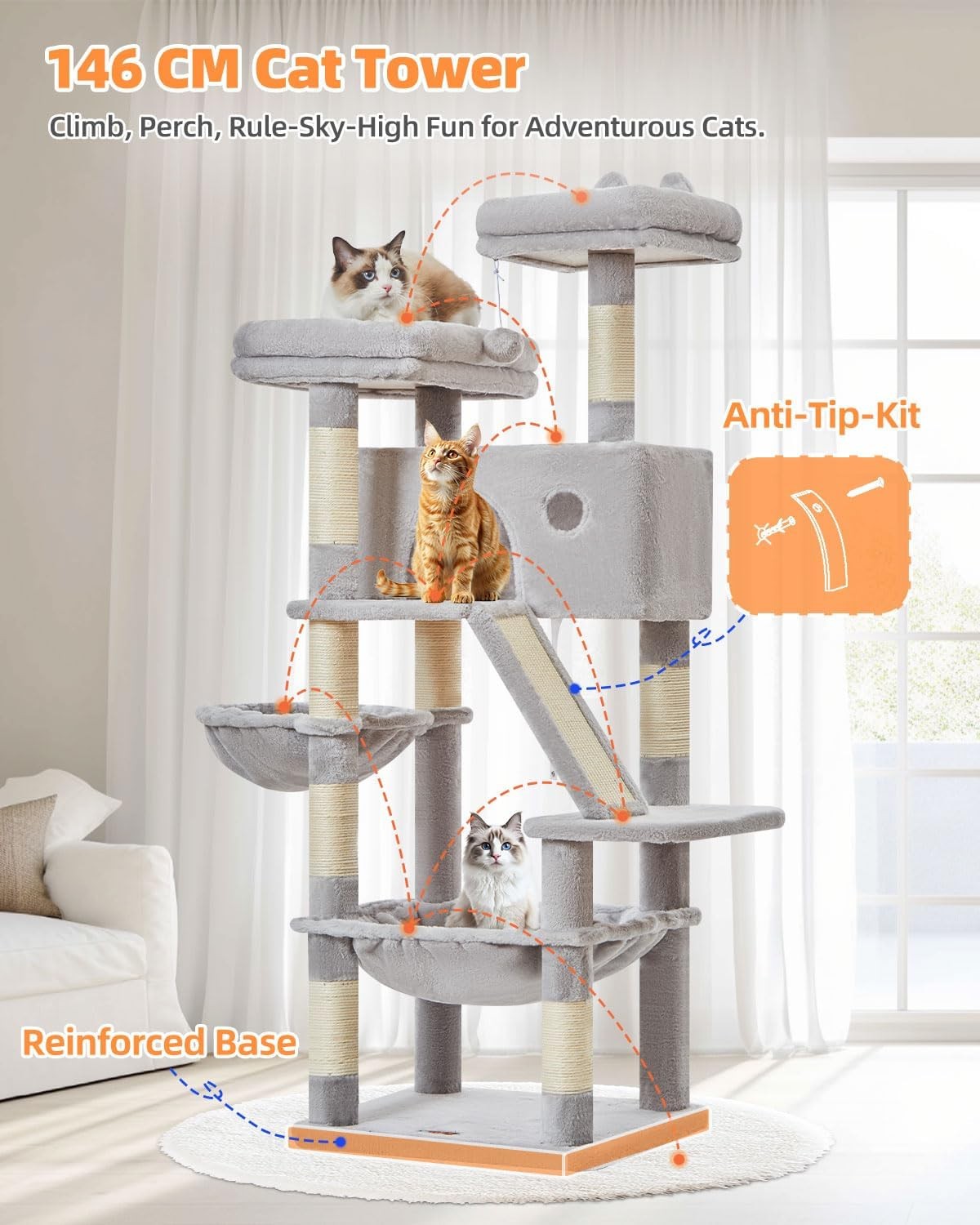 Large Cat Tree Tower 146cm Multi Level Scratching Posts Hammock