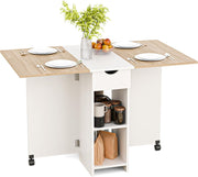 Drop Leaf Folding Dining Table with Drawer Shelves Wheels Oak White Small Space