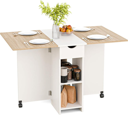 Drop Leaf Folding Dining Table with Drawer Shelves Wheels Oak White Small Space