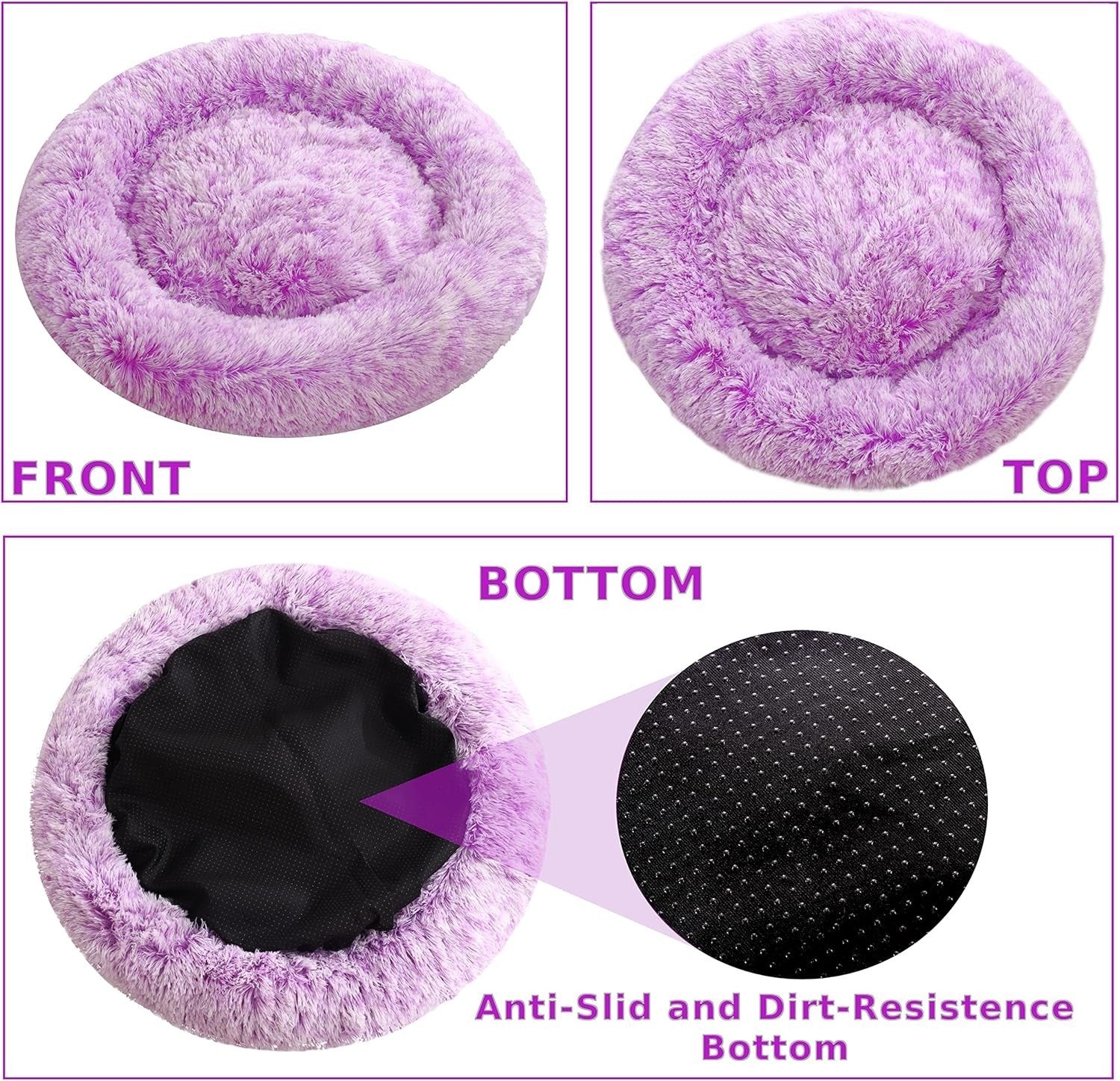 XXL Calming Donut Dog Bed 100cm Anti Anxiety Faux Fur Purple