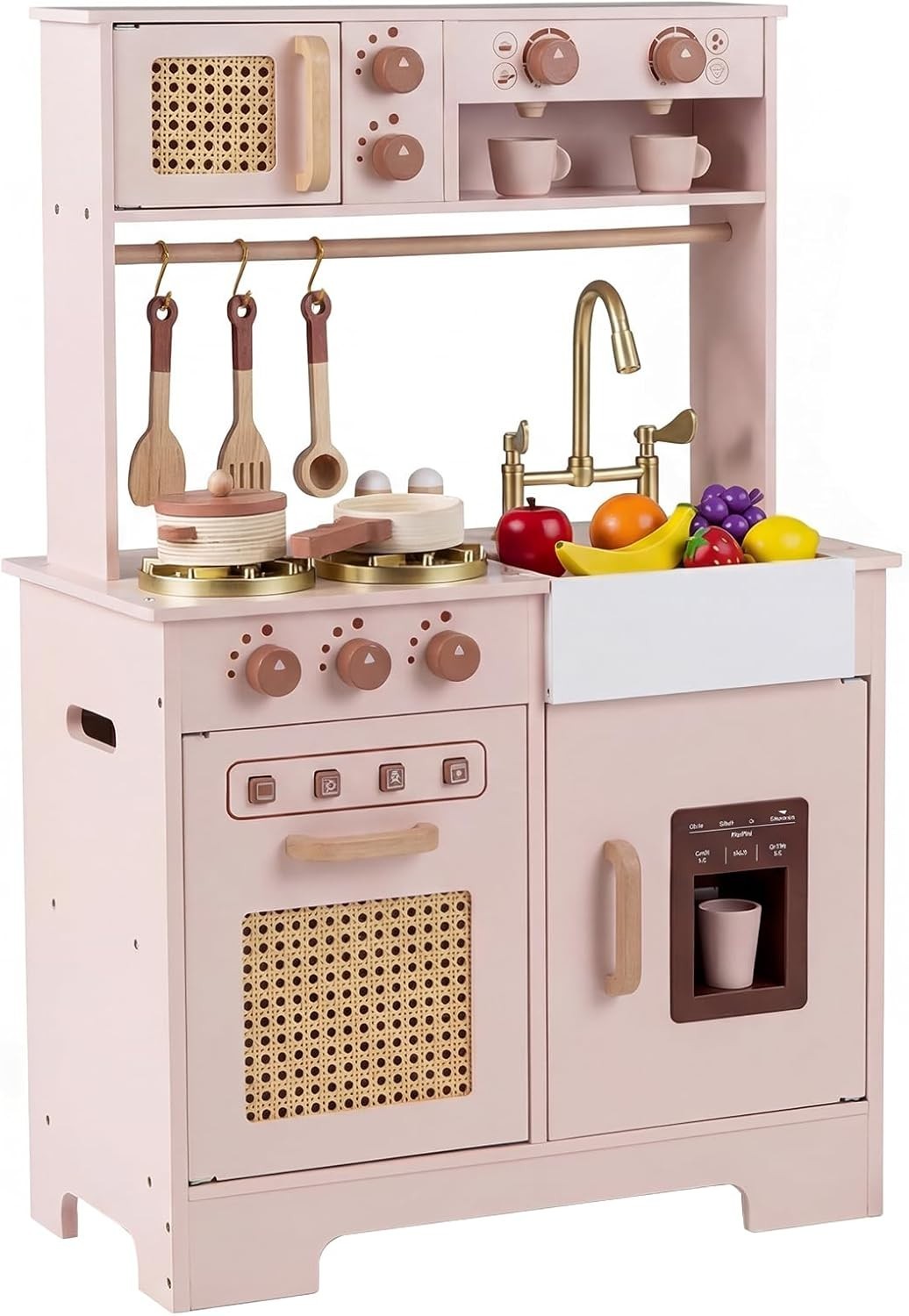 Kids Wooden Play Kitchen w/ Lights Sounds Ice Maker Coffee Pink