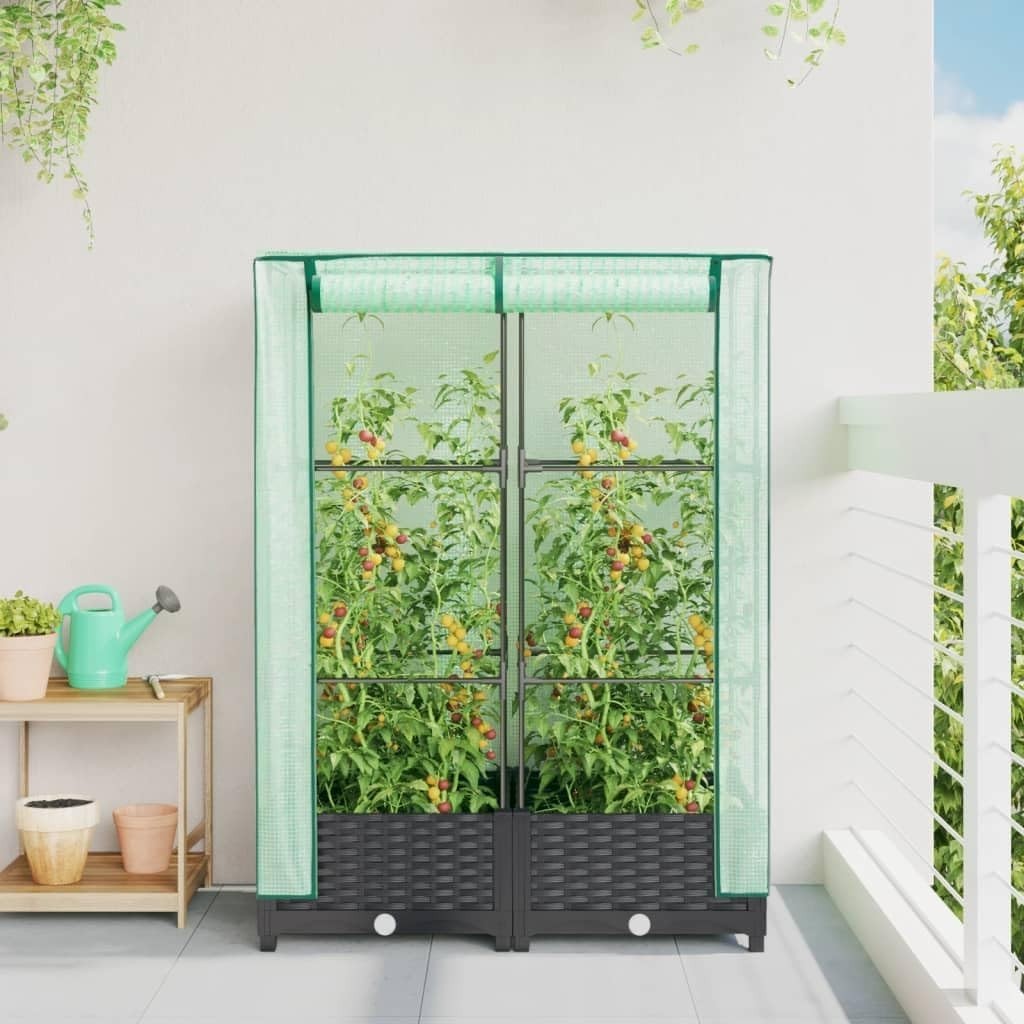 Raised Bed Planter with Greenhouse Cover 80x40x123cm | Rattan Look Polypropylene